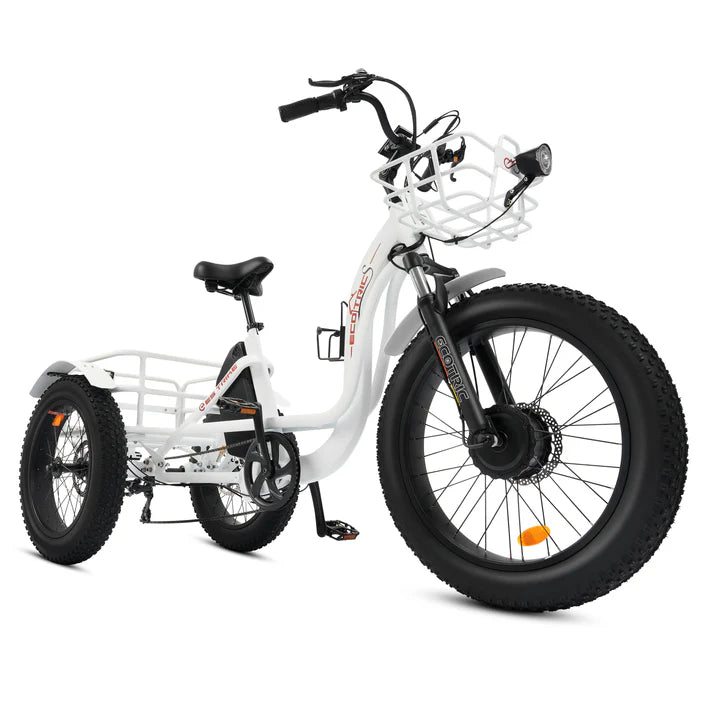 Ecotric - ETrike - 48V 24"x4.0 Front 20"x4.0 Rear Tires Tricycle E-Bike with Front Basket + Rear Rack White