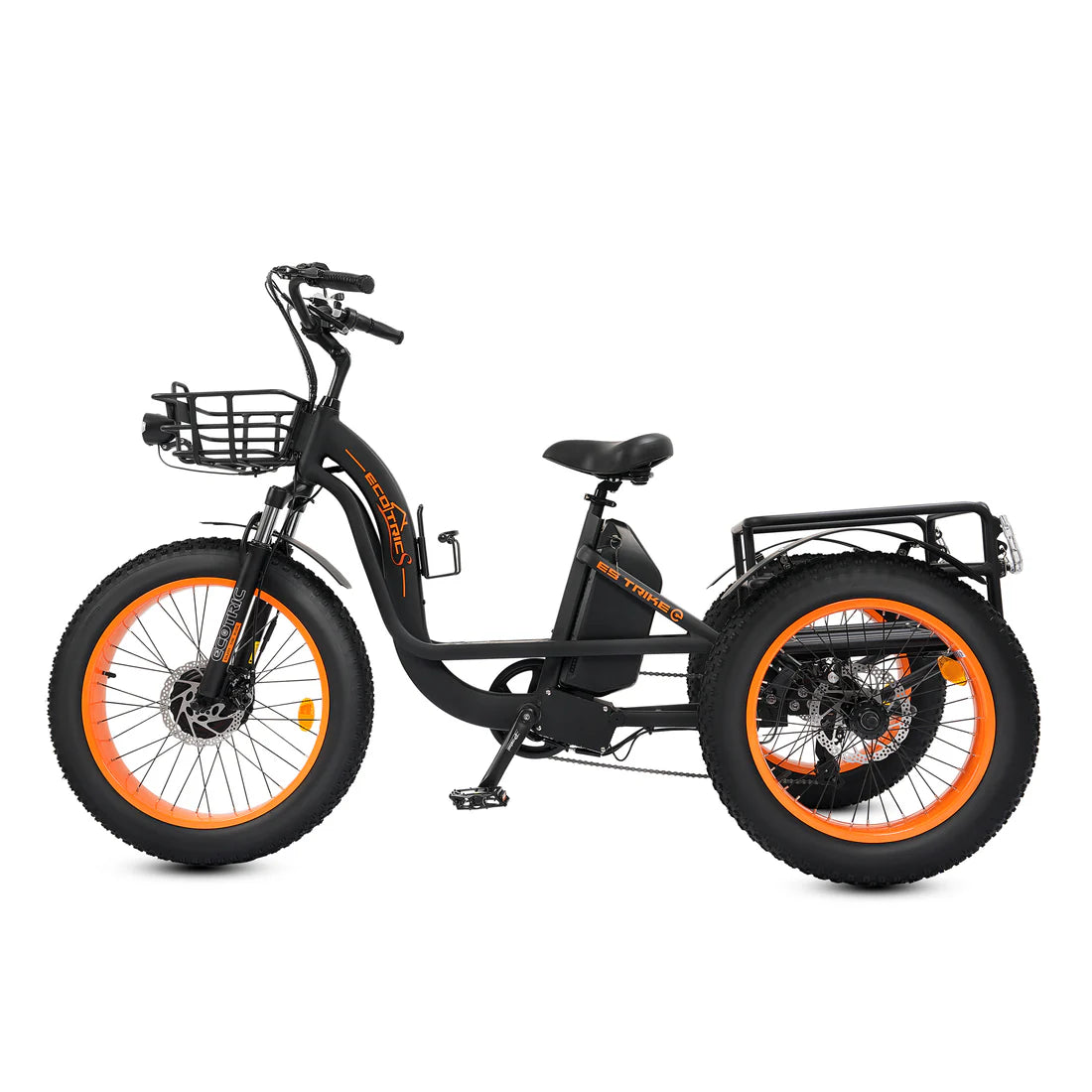 Ecotric - ETrike - 48V 24"x4.0 Front 20"x4.0 Rear Tires Tricycle E-Bike with Front Basket + Rear Rack White