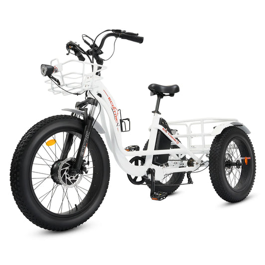 Ecotric - ETrike - 48V 24"x4.0 Front 20"x4.0 Rear Tires Tricycle E-Bike with Front Basket + Rear Rack White