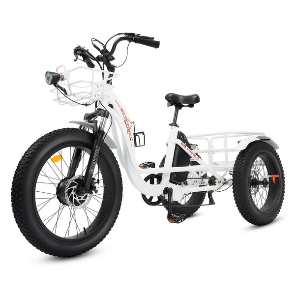 Ecotric - ETrike - 48V 24x4.0 Front 20x4.0 Rear Tires Tricycle E-Bike with Front Basket + Rear Rack White